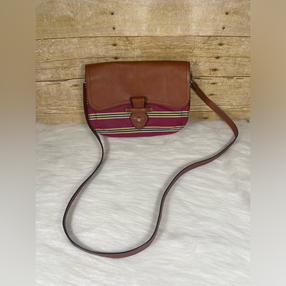 Brooks Brothers Brown Leather Red Multi Striped Fabric Crossbody Bag Purse